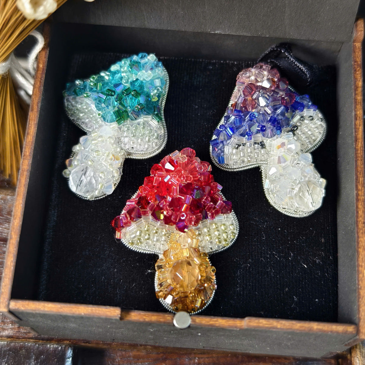 Handmade Mushroom Brooch with Crystals and Glass Beads - Gift for her